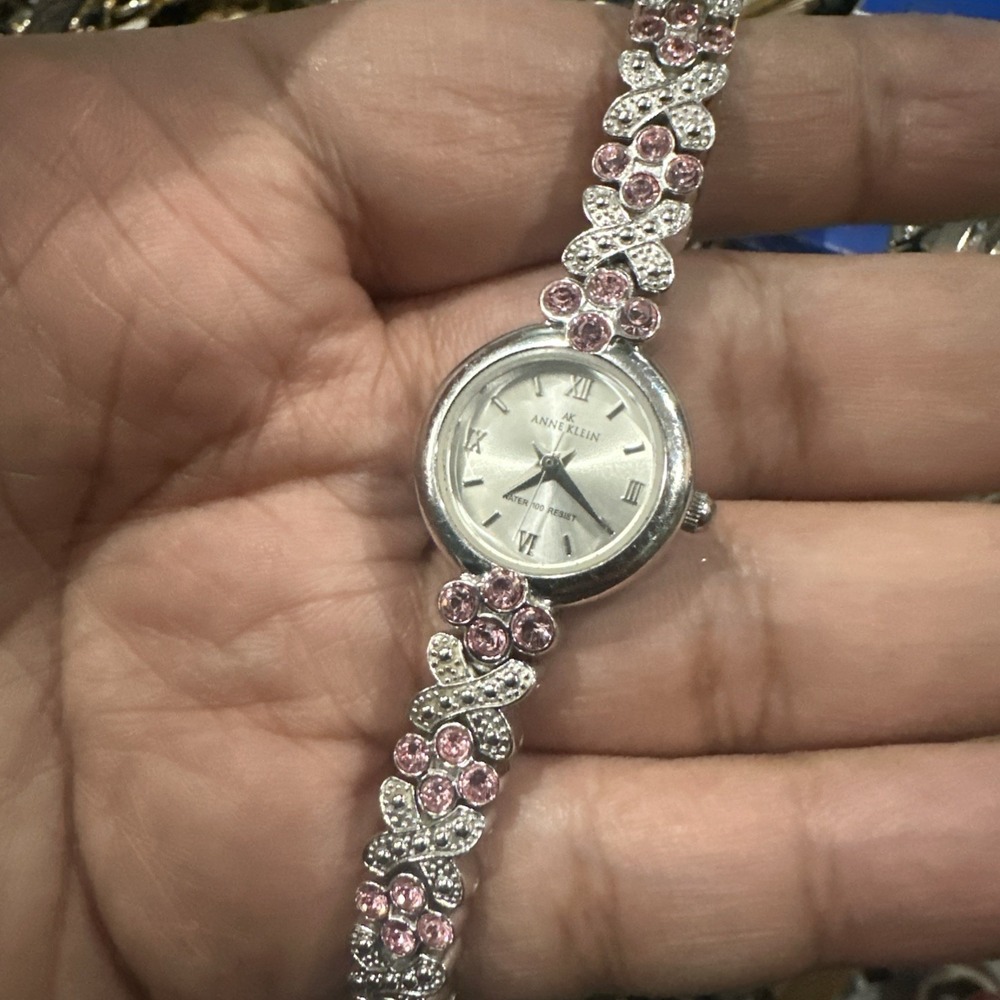Working Anne Klein Silver Tone Pink Crystals Dainty Women's Watch 20mm Fit 6in